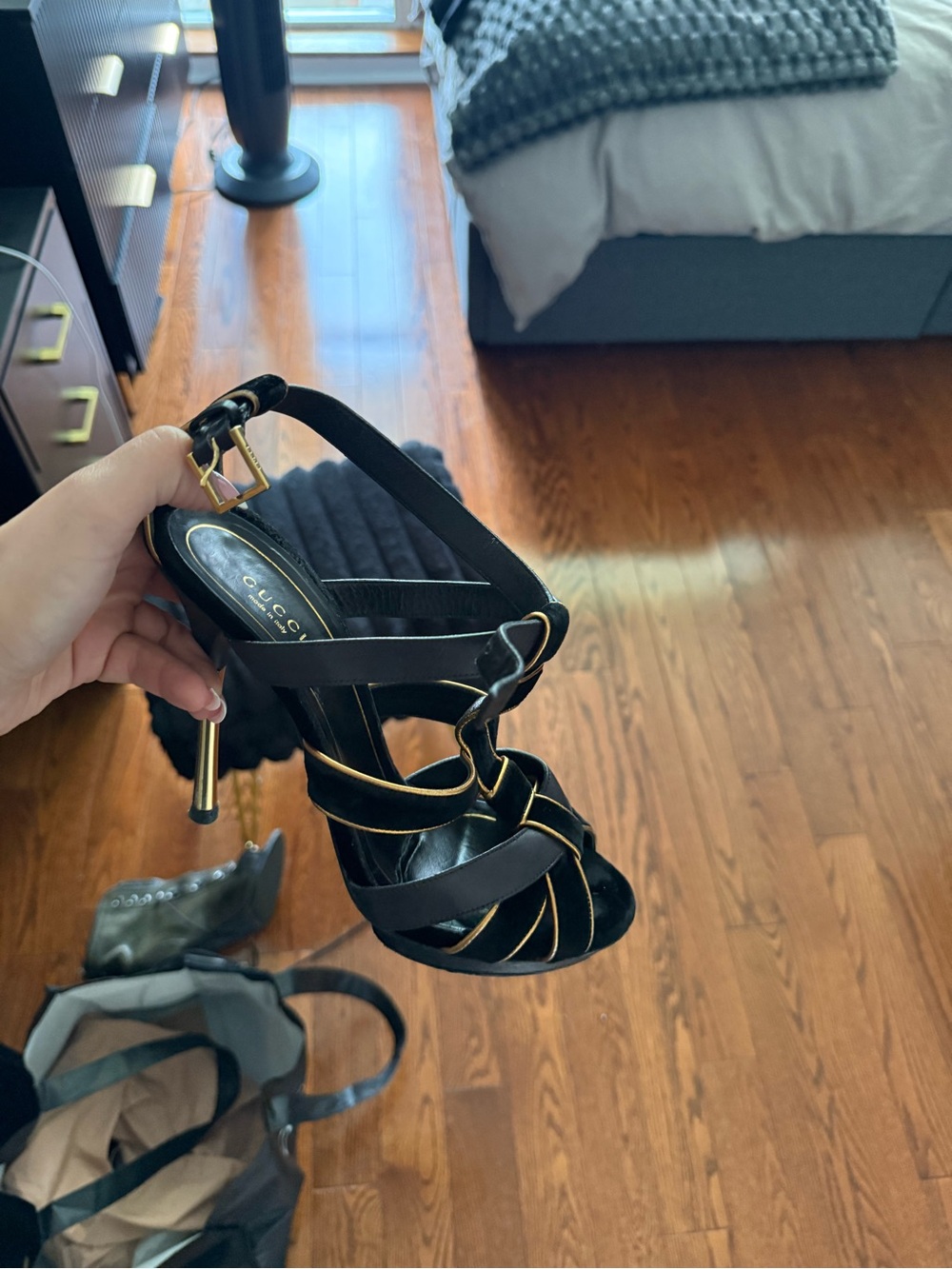 Gucci Black Suede Heels with Gold Trim